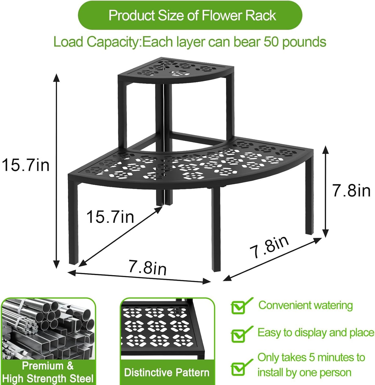aboxoo 2 Tier Plant Stand Flower Pot Rack for Patio,Metal Stair-Step Style Corner Shelf Planters,Hevay Duty Plant Stand,Quarter Round Display Holder for Indoor Outdoor Use(Black)