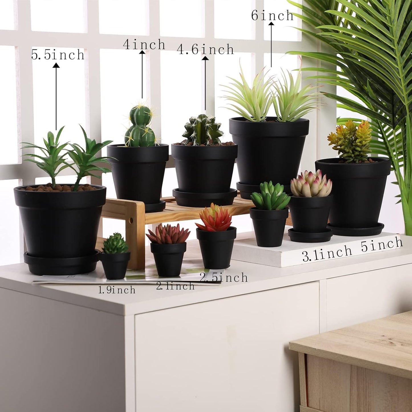 Yishang Large Terra Cotta Pots with Saucer-4 Pack Large 6'' Terra Cotta Plant Pot with Drainage Hole, Flower Pot with Tray, Terracotta Pot for Indoor Outdoor Plant(Black)