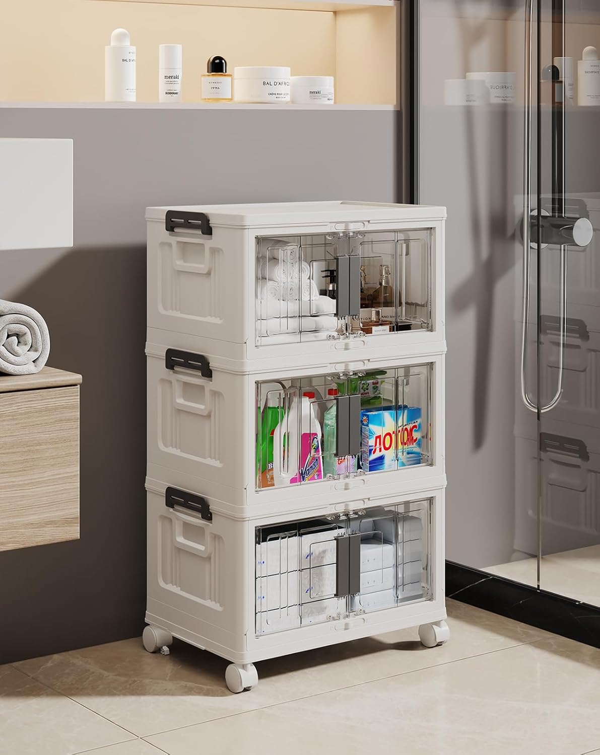 OlarHike 23QT Stackable Storage Bins with Lids - Folding Storage Box with Doors and Wheels, Collapsible Plastic Storage Bins for Closets and Organization, 3 Pack Cubes