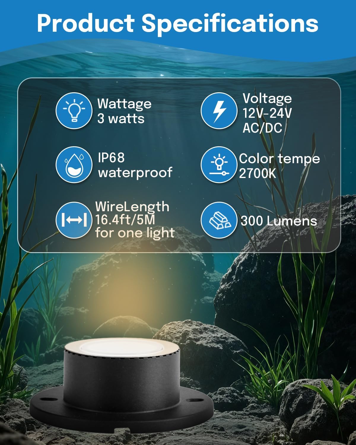 HIBOITEC Pond Lights 3W LED IP68 Waterproof Underwater Lights with UL Cord Warm White 2700K Low Voltage Landscape Lighting for Backyard Water Fountain Pool Compatible 12-24V AC/DC 1Pack