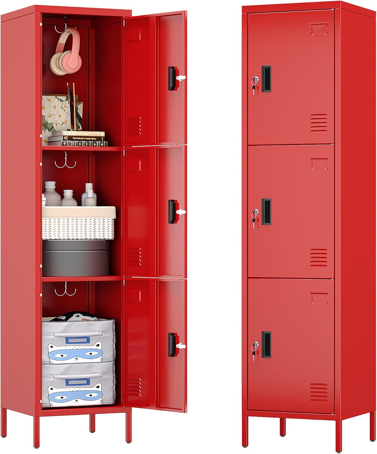 66" H*15.75" D*15.75" W Steel Storage Cabinet,3 Doors Metal Storage Locker for Employees,Employee Lockers with Lock,Hooks and Card Slot for School Gym Home Office, Assembly Required,Red,240 LBS