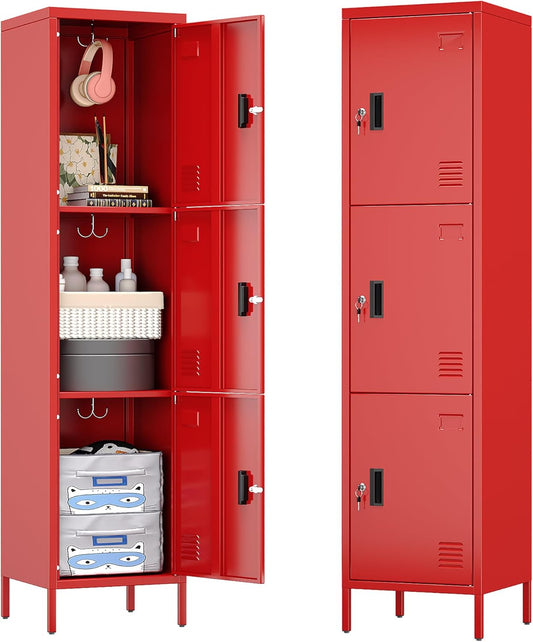 66" H*15.75" D*15.75" W Steel Storage Cabinet,3 Doors Metal Storage Locker for Employees,Employee Lockers with Lock,Hooks and Card Slot for School Gym Home Office, Assembly Required,Red,240 LBS
