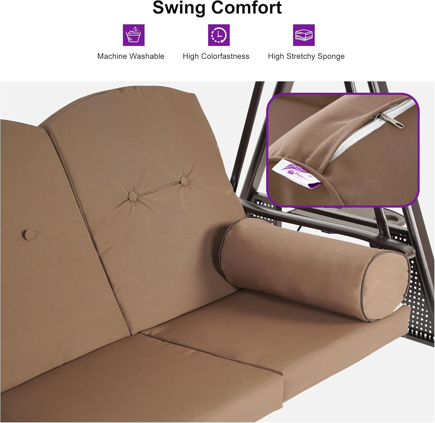 PURPLE LEAF Outdoor Patio Porch Swing with Adjustable PVC Canopy, 3-seat Swing Chair Bench with Side Cup Holder for Backyard Front Porch Lawn, Cushions and Pillow Included, Beige