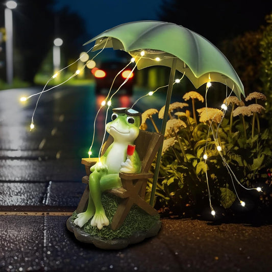 Solar Frog Outdoor Garden Statues Yard Decor - Solar Lantern LED Red Wine Frogs Umbrella Figurine with Lights Waterproof, Animal Statue Decoration Ornaments for Patio/Lawn Balcony/Backyard/Home