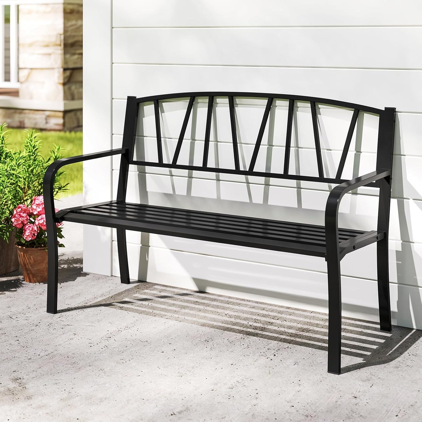 Tangkula Metal Patio Park Bench, Outdoor Garden Bench Loveseat for 2-3 People with Curved Armrests & Minimalist Backrest, Heavy-Duty Outdside Seating for Backyard, Poolside, Porch (Black)