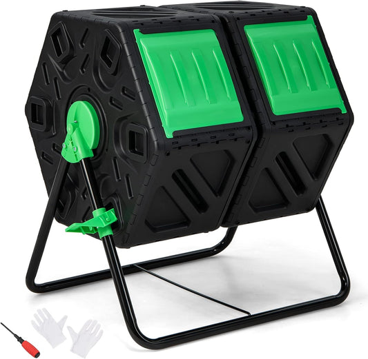 Goplus Compost Bin, Dual Chamber 34.5 Gal Compost Tumbler with 2 Rotating Chambers, Sliding Doors, High-Volume Outdoor Garden Composter, Rotating Composting Bin for Garden Yard, BPA Free