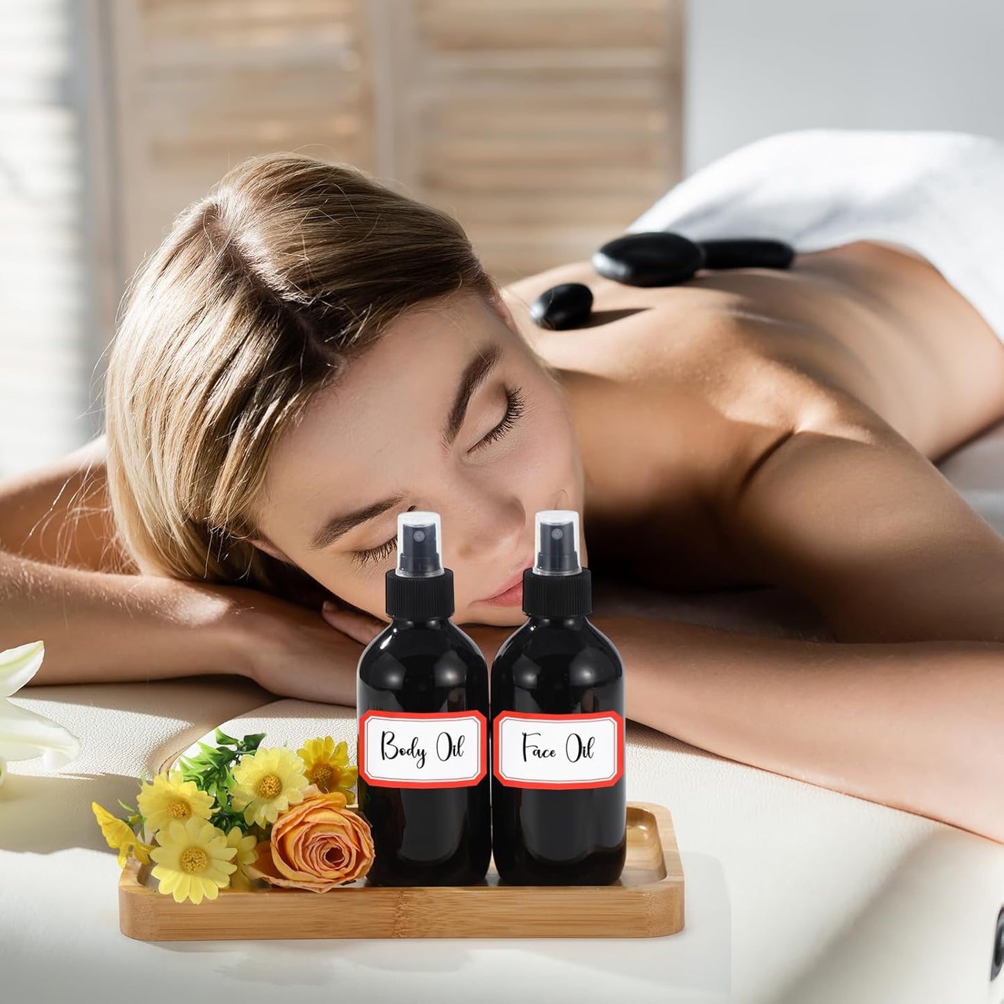 Norme 12 Pcs 8 oz Glass Spray Bottles with Funnels and Labels Refillable Cosmetic Empty Spray Bottles with Sprayer Containers for Essential Oil Cleaning Solutions(Black,Stylish)