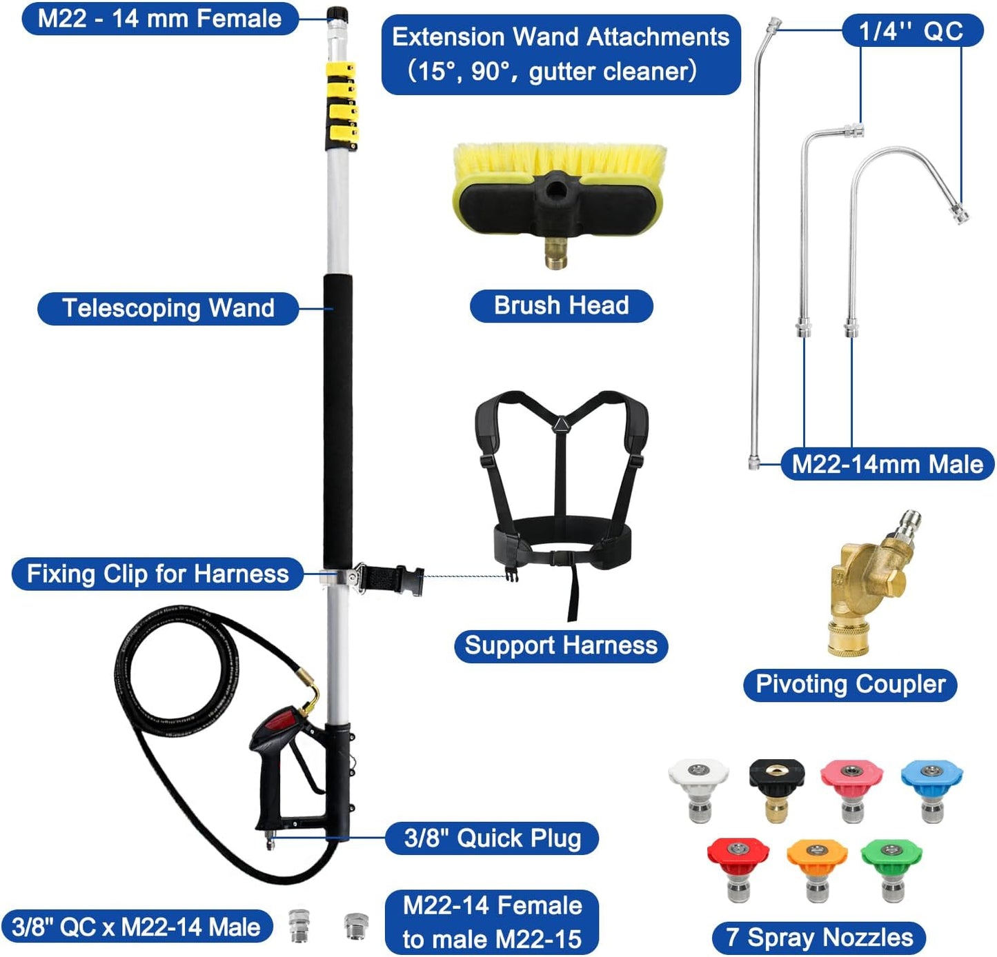 RAYNEL 24FT Telescoping Pressure Washer Extension Wand with Brush Head, 2 Power Washer Extension Wands, Gutter Cleaner Attachment, 7 Spray Nozzle Tips, Support Belt and 2 Hose Adapters