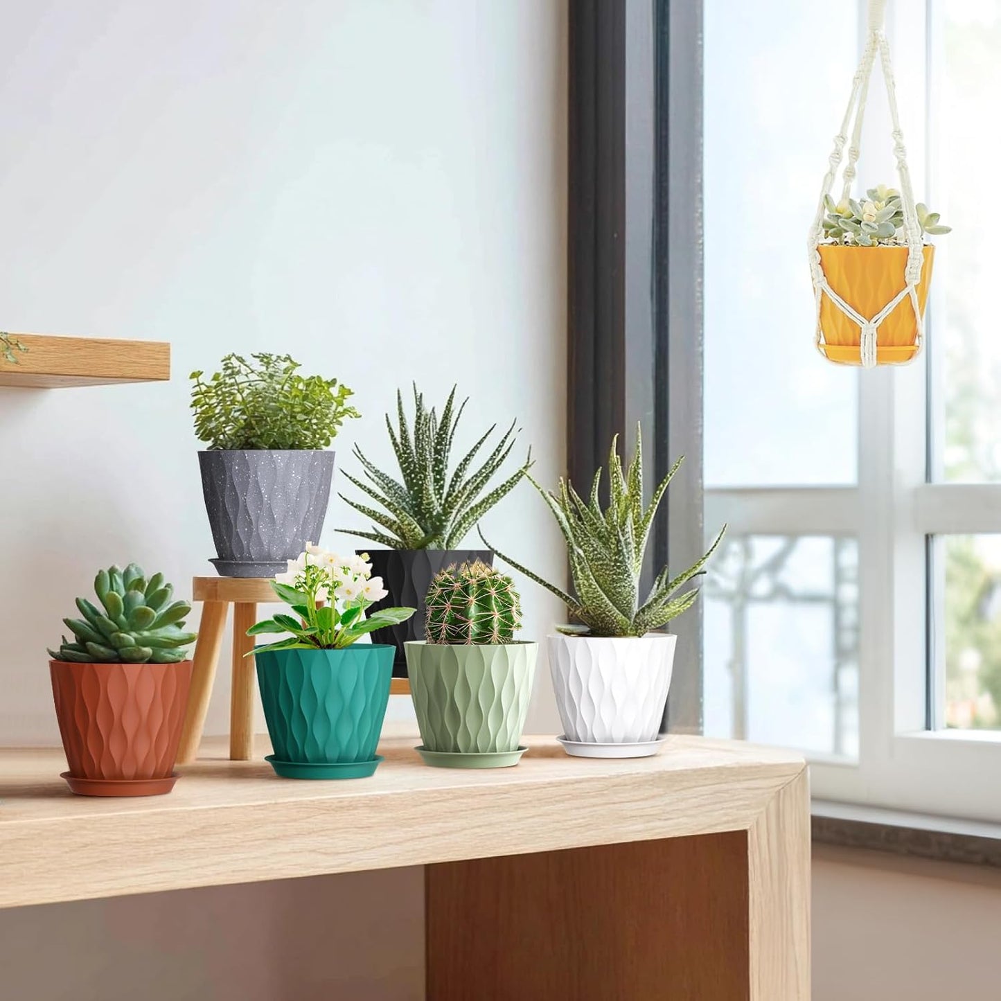 5 inch Plant Pots for Indoor Outdoor Plants, 6 Pack Flower Pots with Drainage Holes and Saucers, 3D Modern Wave Texture Small Plastic Planter Pots for Nursery and House Plants, Blue Green