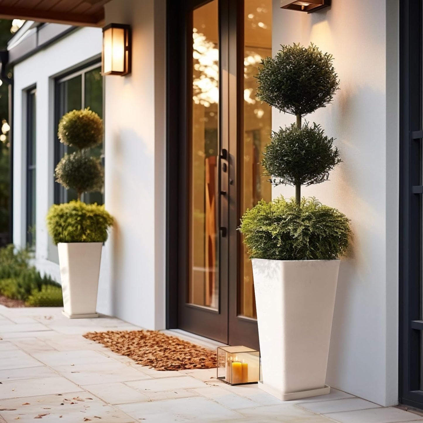 LA JOLIE MUSE 26 inch White Tall Planters for Outdoor Plants,Set of 2 Large Planters for Indoor Plants,V Shaped Tree Planters for Front Door, 26'' White With Tray