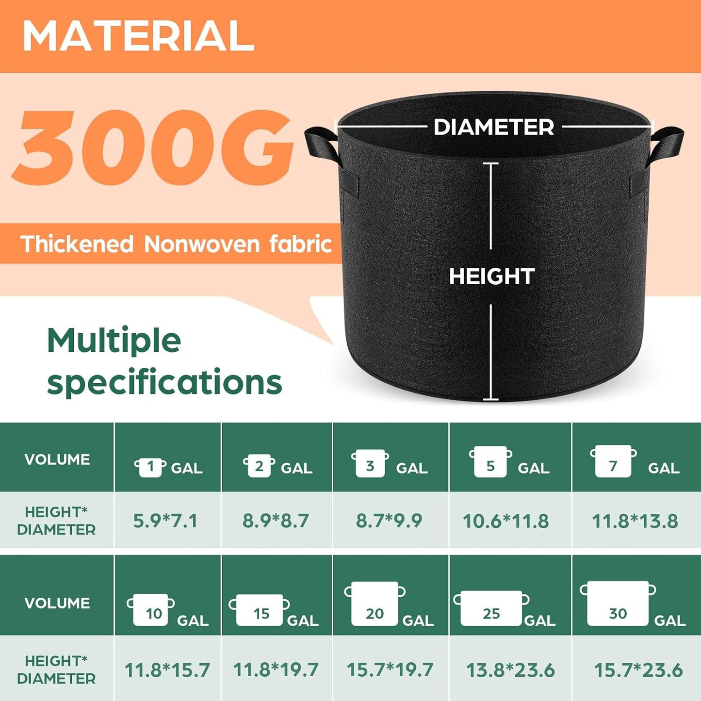 10 Pack 7 Gallon Grow Bags, Thickened Nonwoven Fabric Planter Pots with Handles, Heavy Duty 300G Garden Pots for Tomato, Potato and Vegetable