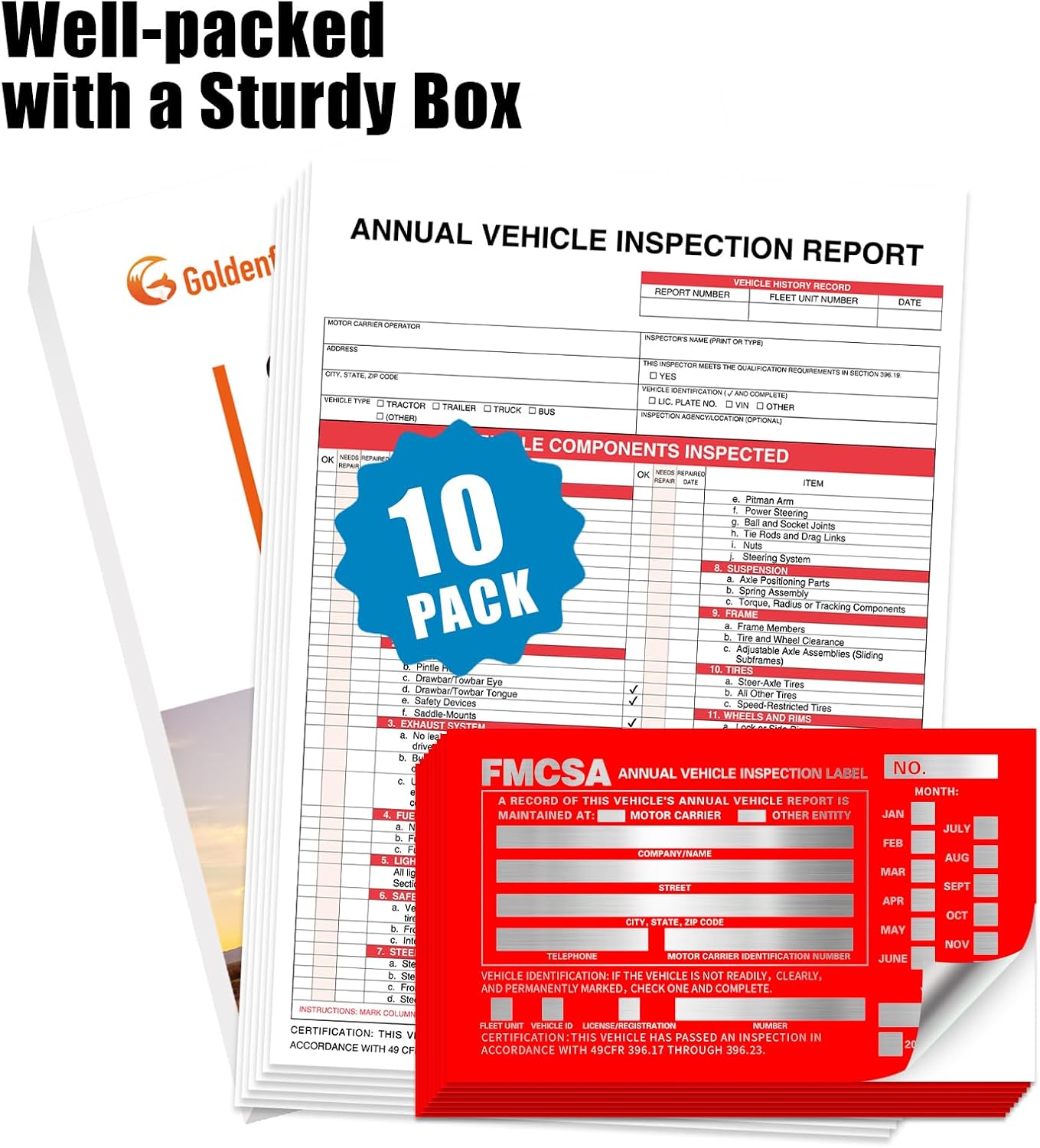 Goldenfox DOT Inspection Forms and Stickers,10-Pack,3-Ply Carbonless Annual Vehicle Inspection Report Form(8.5" x 11.75) with Red Exterior Aluminum Inspection Label(6"x3.5"), Permanent Adhesive.