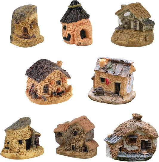 Mini House Figurine 8PCS, Mini Cottage Miniature Gardening Landscape Micro Village Stone Houses Fairy Garden Accessories for Home Decoration