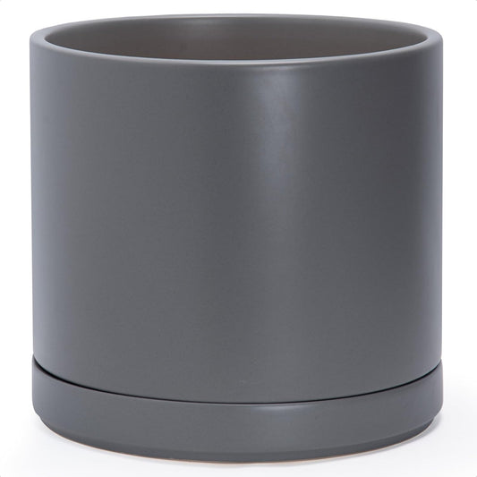 D'vine Dev 14 Inch Ceramic Planter Pot with Drainage Hole and Saucer, Indoor Cylinder Round Planter Pot, Speckled Grey, 94-O-G-3