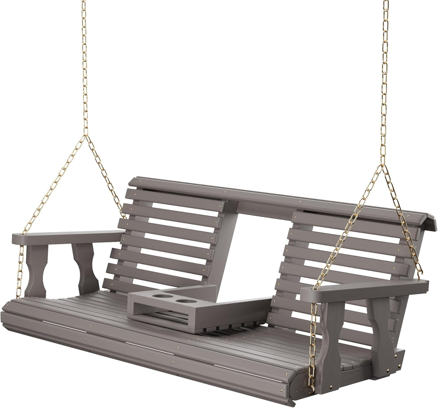Porchgate Amish Heavy Duty Console Porch Swing with Fold Down Cup Holders in Semi Solid Grey Stain - Amish Made in The USA from Treated Pine, Hanging Chains Included