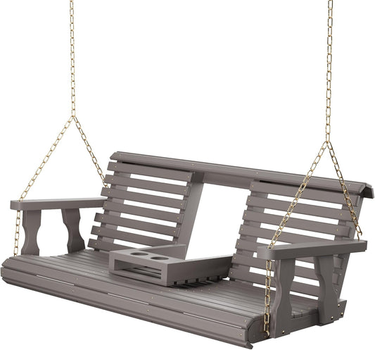 Porchgate Amish Heavy Duty Console Porch Swing with Fold Down Cup Holders in Semi Solid Grey Stain - Amish Made in The USA from Treated Pine, Hanging Chains Included