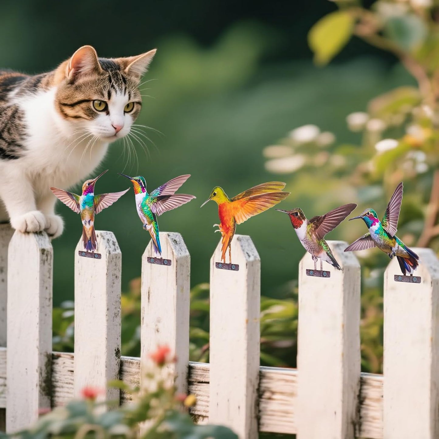 HUYIENO 5PCS Vibrant Metal Bird Decorations Colorful 2D Garden Fence Ornaments for Outdoor Patio & Bird Lovers Hummingbird