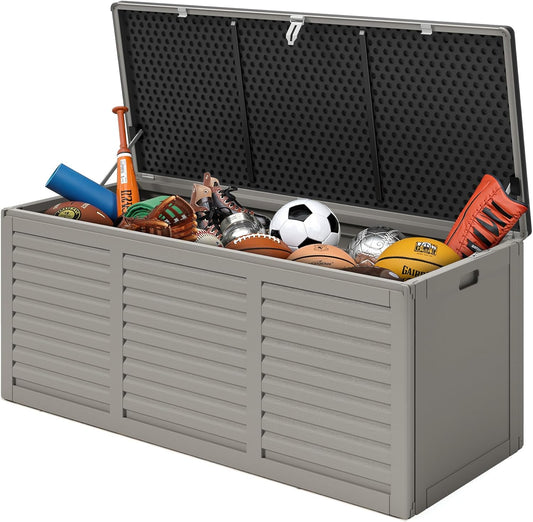 130 Gallon Deck Box Outdoor Waterproof Storage Box Lockable Resin Outdoor Storage Box for Garden Tools Patio Cushions UV-Resistant & Easy Assembled (Gray)