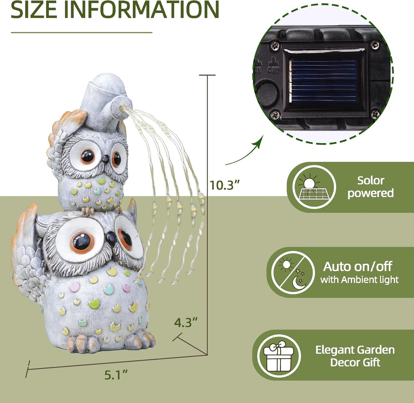 Solar Garden Statues Outdoor Decor, Watering Owl Statue Garden Decor, Resin Yard Decorations Outdoor for Patio, Porch, Balcony, Lawn Ornaments, House Warming Birthday Gifts for Mom Women Grandma