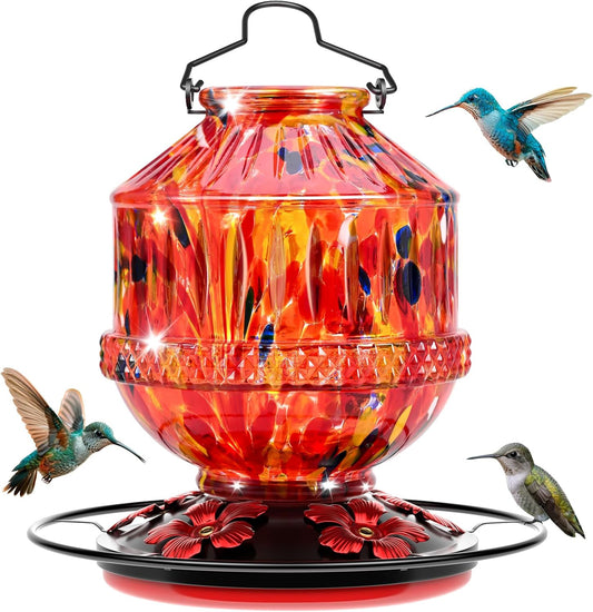 Blown Glass Hummingbird Feeders for Outdoors, 25 Ounces Wild Bird Nectar Feeder with Perch & 5 Flower Feeding Ports Leak Proof Hanging for Garden Backyard Decor, Gifts for Women Mom, Sunrise Red