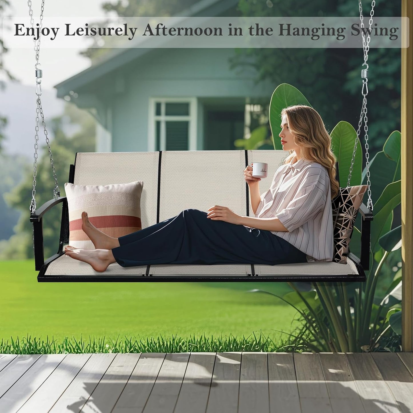 Textilene 3 Seat Hanging Swing, 5.2FT Patio Bench Swing, 660lbs Heavy Duty Outdoor Porch Swing with Hanging Chains for Courtyard, Garden, Tree, Yard