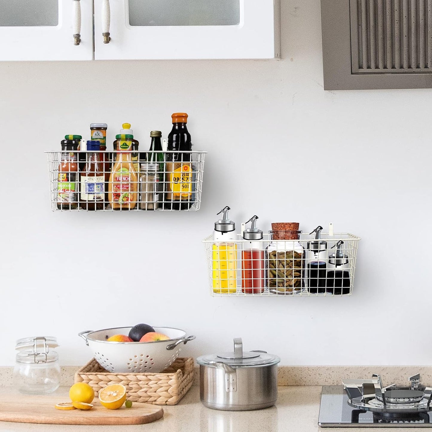 2 Sets Extra Large Hanging Wall Basket, White Metal Wire Baskets with Steel Hooks for Organizing, WallmountedFruit Vegetable Toy Snack Storage, Home Kitchen Bathroom Laundry Pantry Organizer