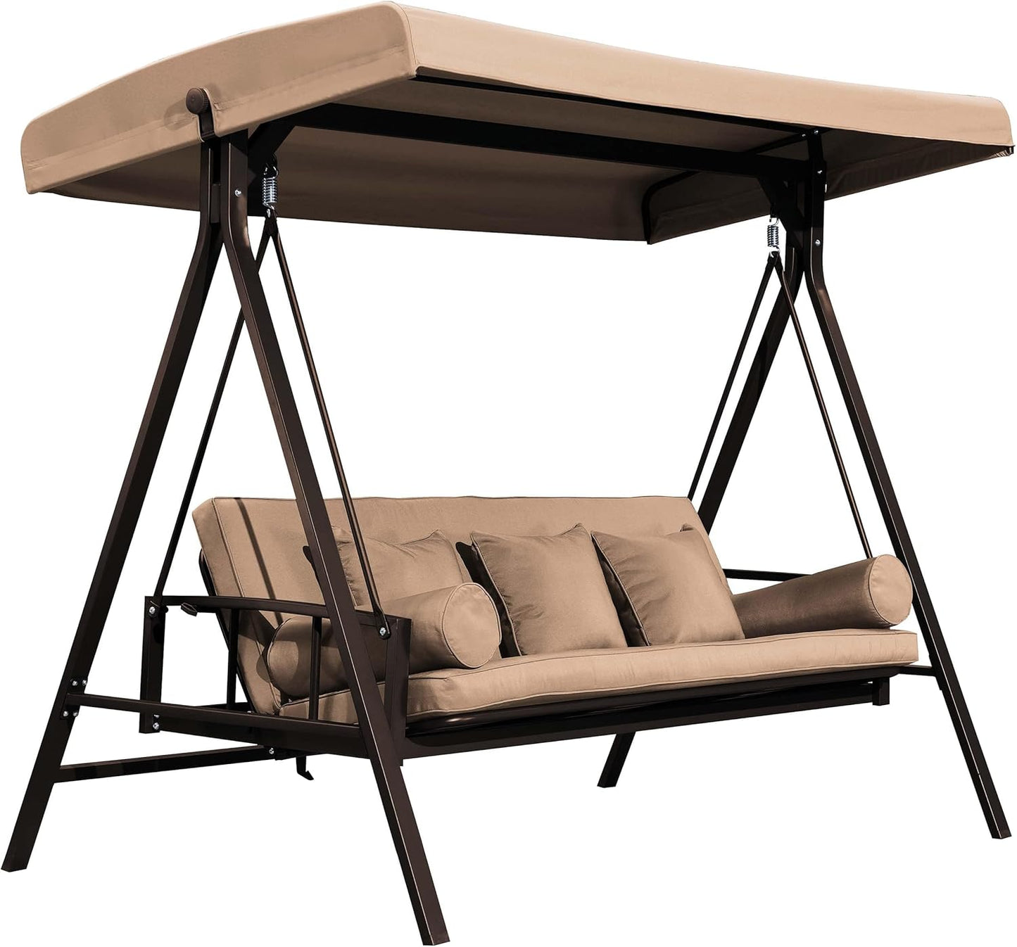 PURPLE LEAF Outdoor Patio Porch Swing Adjustable Backrest, 3-seat Swing Chair with Weather Resistant Steel Frame for Backyard Front Porch Lawn, Cushion and Pillows Included, Beige