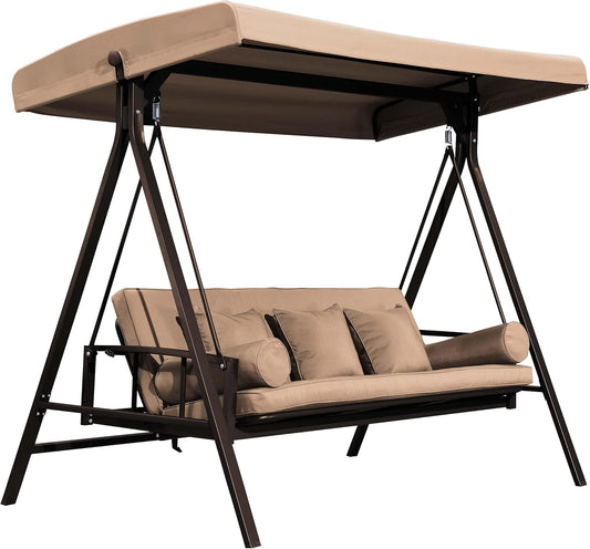 PURPLE LEAF Outdoor Patio Porch Swing Adjustable Backrest, 3-seat Swing Chair with Weather Resistant Steel Frame for Backyard Front Porch Lawn, Cushion and Pillows Included, Beige