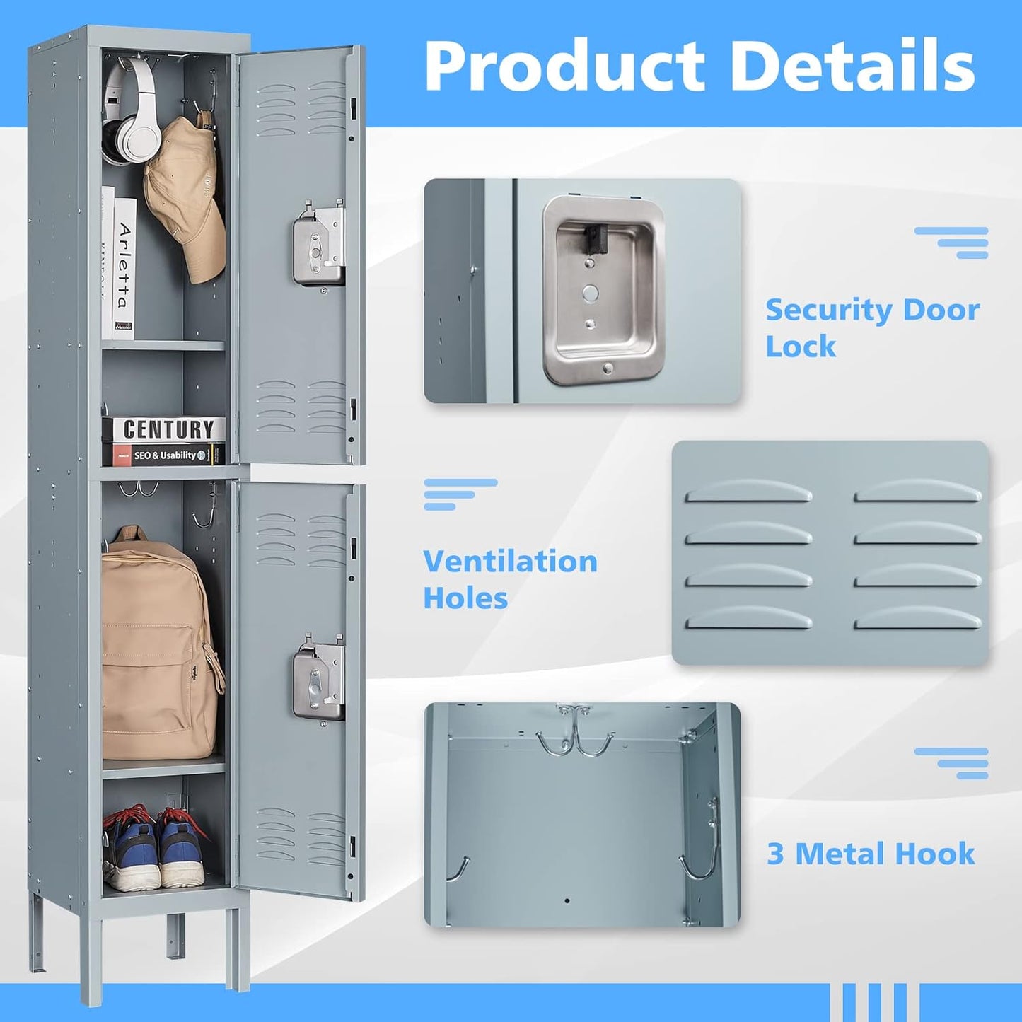 Letaya Storage Locker with Lock Door,Metal Storage Cabinet 4 Tier with Hook for Employees, School,Gym, Home,Office(2 Door-Gray)