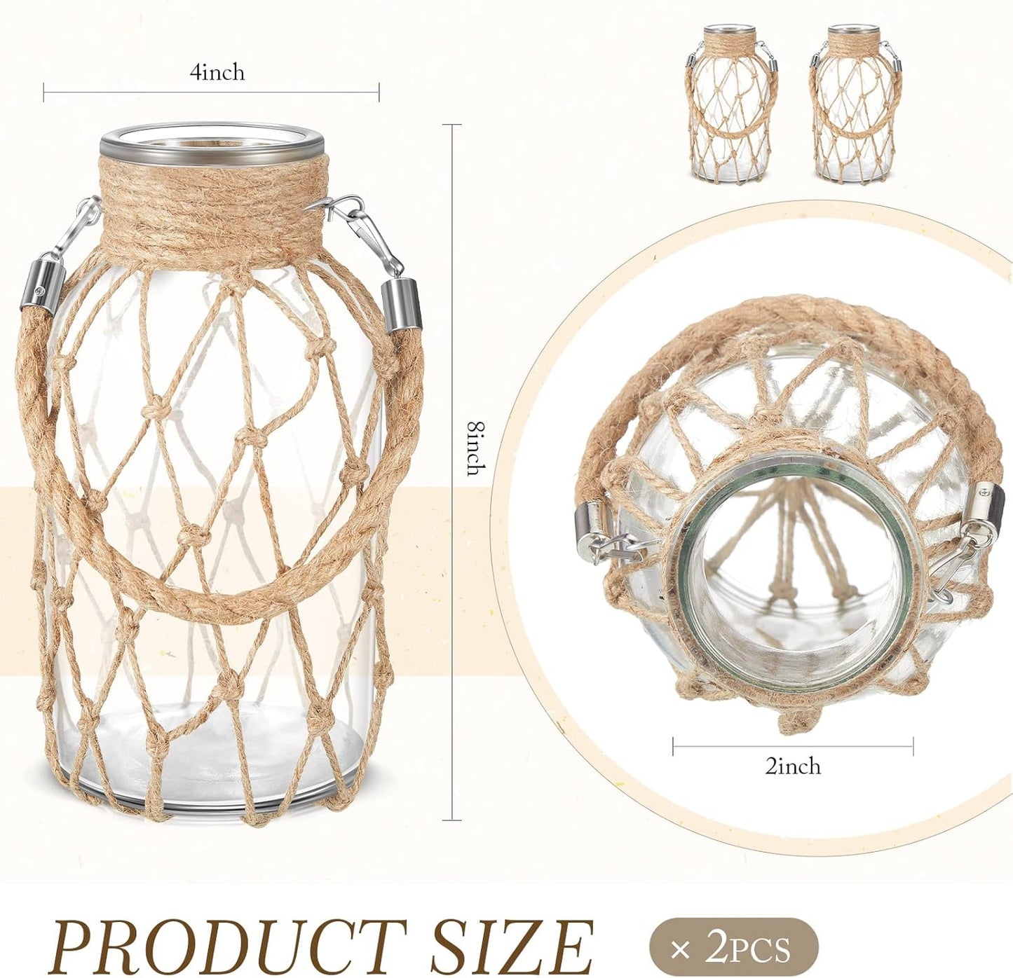 Set of 2 Rope Net Dry Flower Glass Vase 7.9 x 4 Inches Wicker Farmhouse Vase Coastal Decor for Wedding Tables Home Rustic Hanging Mason Jar Rope Wrapping Decorative Bottles Nautical Decor