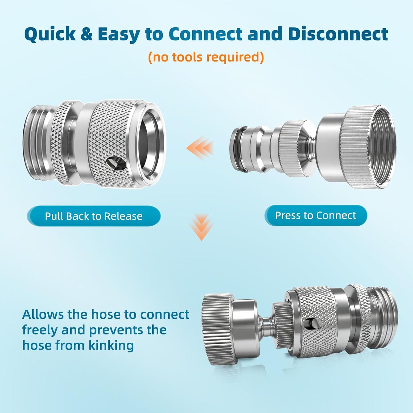 Hibbent Swivel Garden Hose Quick Connector, 360° Rotatable Faucet Hose Quick Connect Fitting, Solid Brass 3/4 Inch GHT Thread, Female and Male Adapter