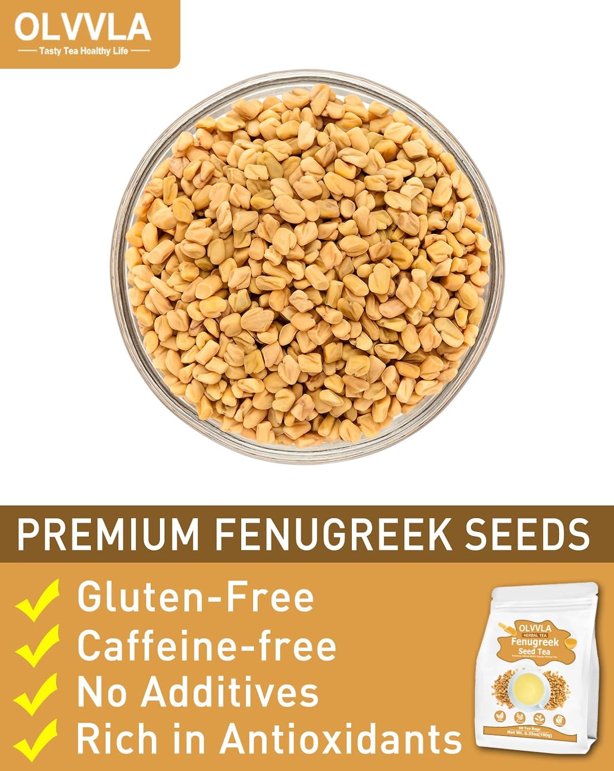 Olvvla - Premium Fenugreek Seed Tea Bags - 3g X 60 Count - 100% Pure Natural Fenugreek Methi Seeds - Non-GMO - Caffeine-free - Gluten-Free - Fenugreek Tea