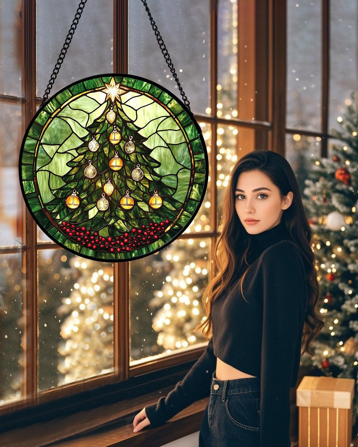 Stained Glass Window Hanging - Green Christmas Tree Golden Bells Suncatcher for Doors Home Christmas Decoration Sun Catcher Thanksgiving New Year Birthday Gift for Women Men Mom Nana 11.8 in