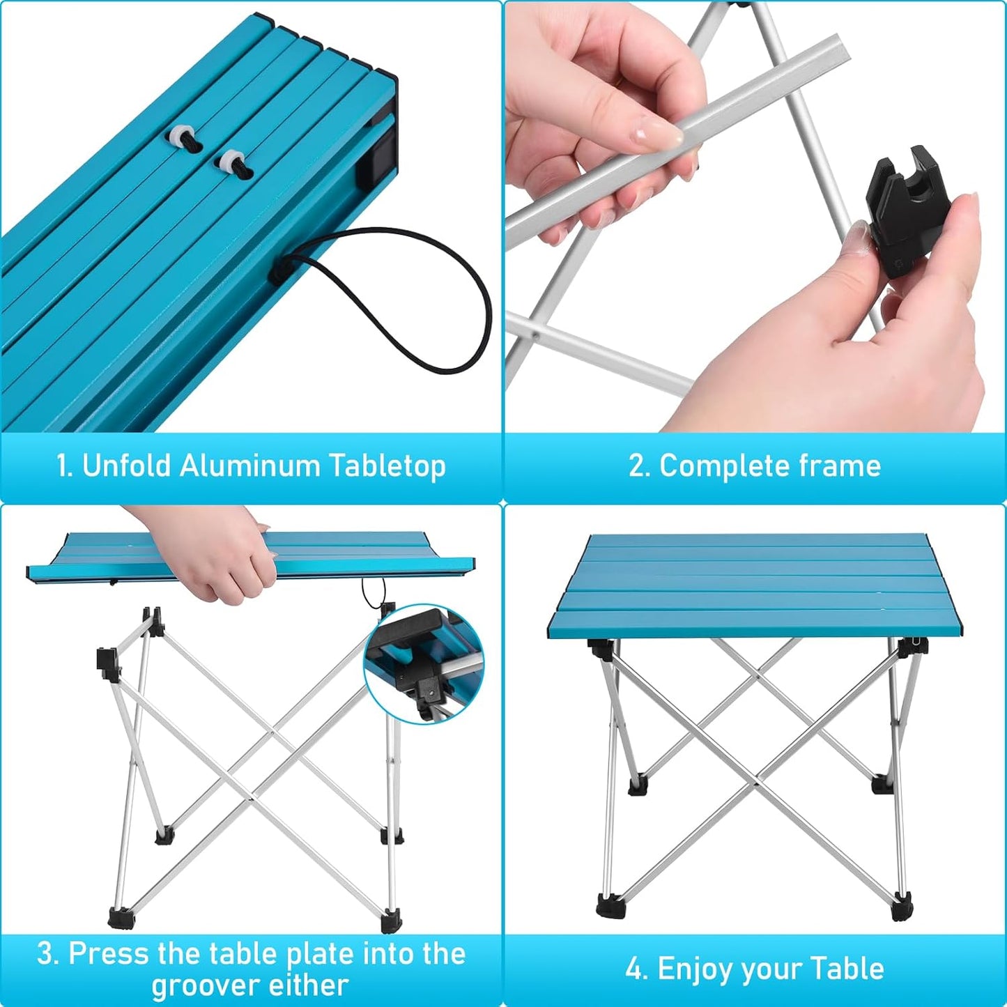 Tesouro Portable Camping Table,Folding Side Table Aluminum Top for Outdoor Cooking, Hiking, Travel, Picnic (Blue-Large)