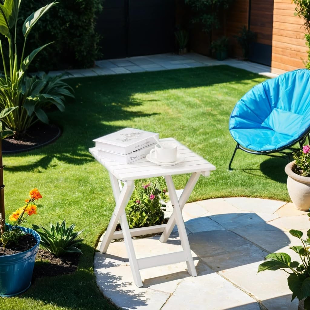 2 Pcs Small Folding Patio Side Table Outdoor Wood Wooden Small End Portable Plant Little Table for Garden Yard Porch Living Room Space Pool 15.4x15.4 x18.3 inch (White)