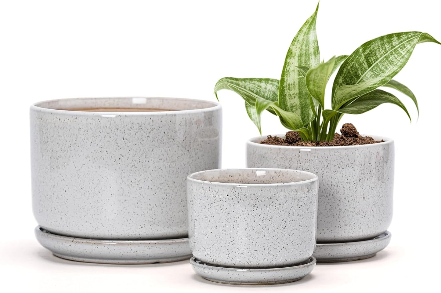 Ton Sin Plant Pots, 4.1+5.1+6.5 inch, Set of 3, Ceramic Planters with Drainage Hole and Saucer, Indoor Flower Pot with Hole Mesh Pad, Gifts for Mom(Reactive Glaze White)