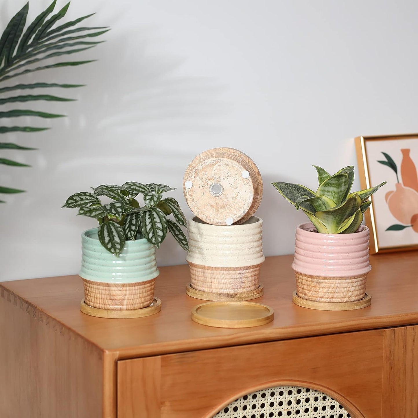 OMAYKEY 4 Inch Ceramic Plant Pot with Saucer, Water Transfer Printing Grain Planters Pots with Drainage Hole & Mesh Pads for Succulent, Indoor Flowers, Snake Plants, Cactus, Herbs, Set of 4