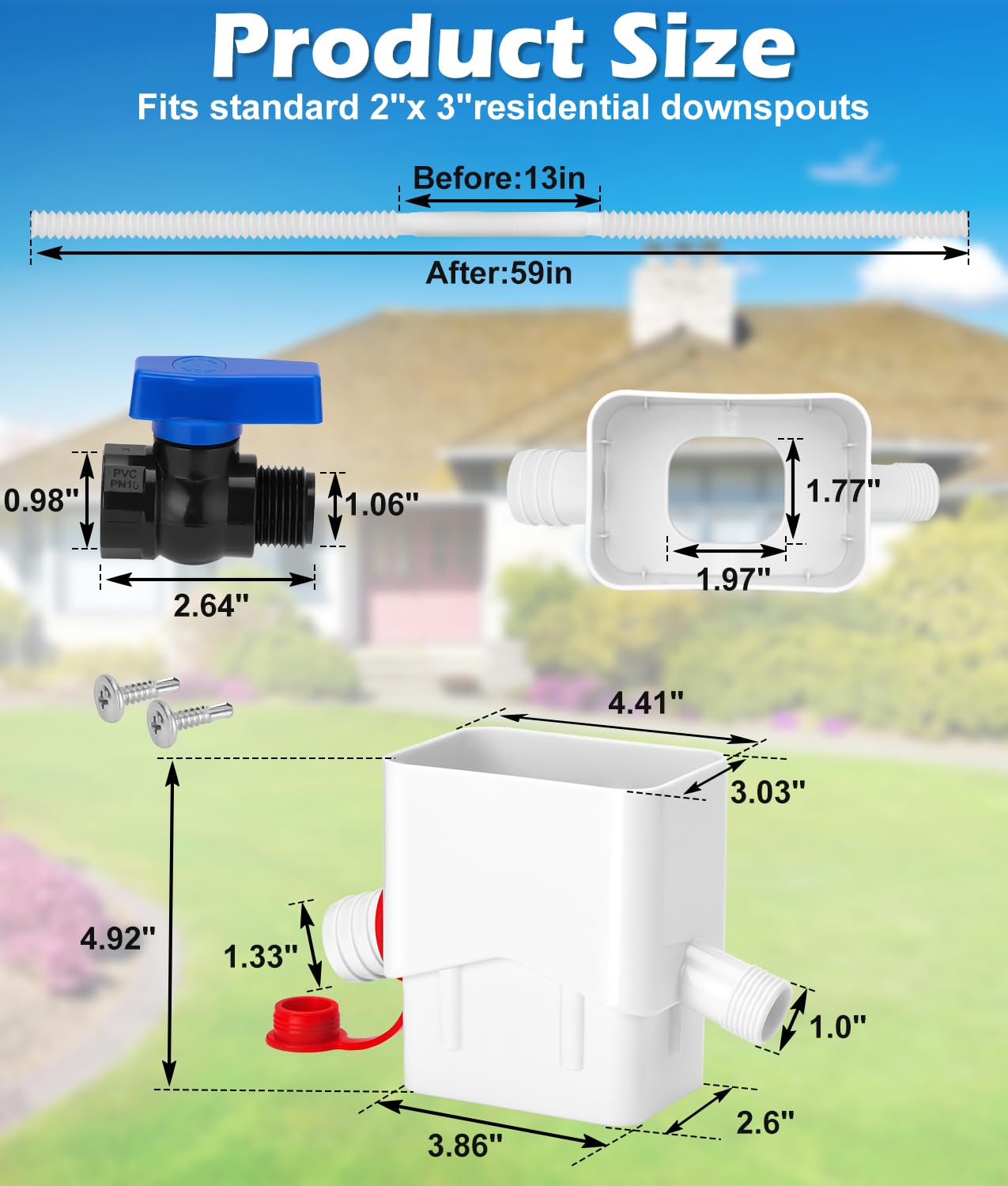 Downspout Diverter, WADEO Rain Barrel Diverter Fits for 3"x 4" Oversize Downspout, Rainwater Collection System with Two Water Outlets, 3/4" PVC Spigot and 5FT Hose to Collect Rainwater from Gutter