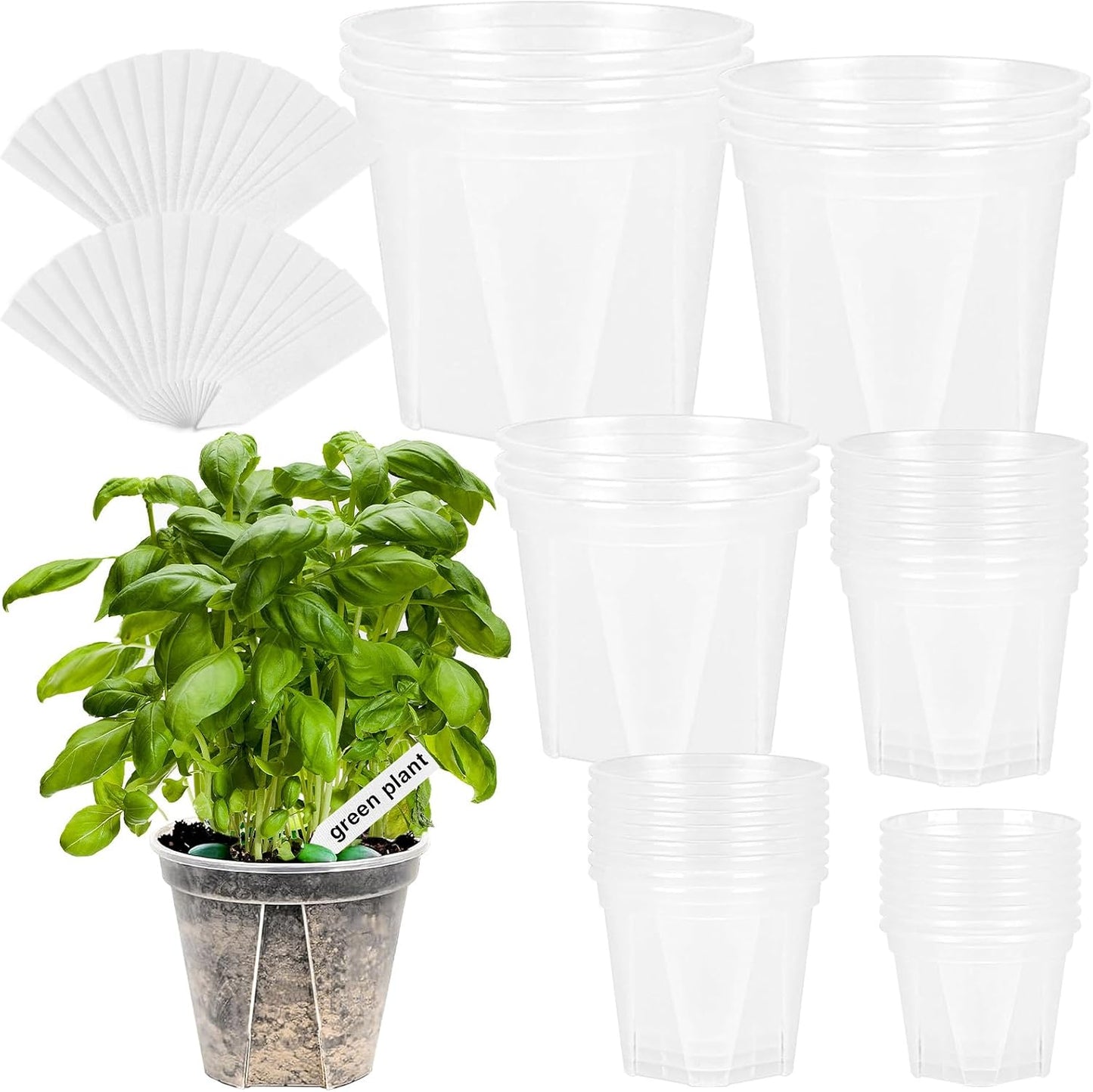 33PCS Frosted Clear Plastic Plant Pots with 33 Plant Labels 4/5/6/7/8/9 Inch Thickened PP Nursery Pots for Indoor Outdoor Plants