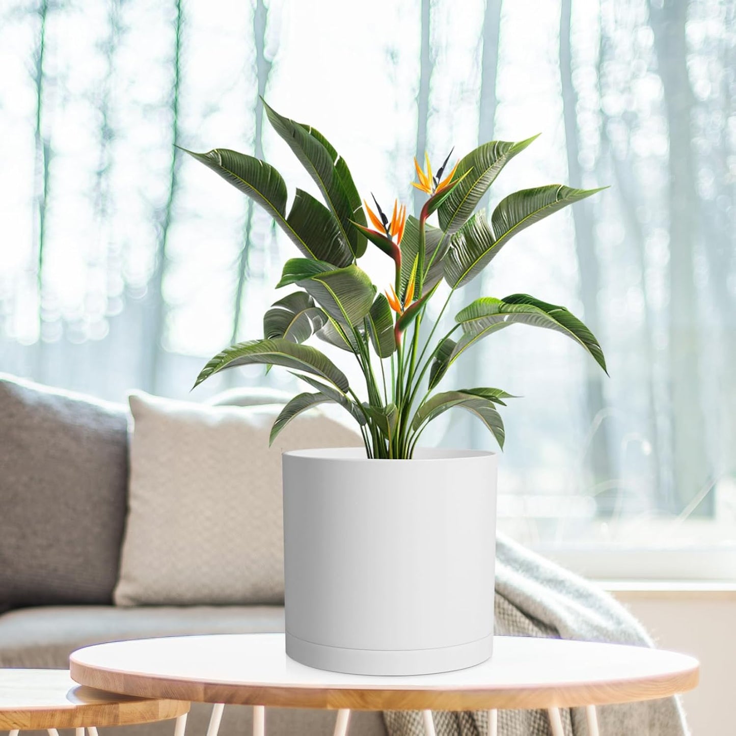 8 Inch Cylinder Plant Pots for Indoor Outdoor Plants, Medium Deep Flower Pots with Drainage Holes & Saucer, Decorative Plastic Planter Pots for Garden House Plants, White