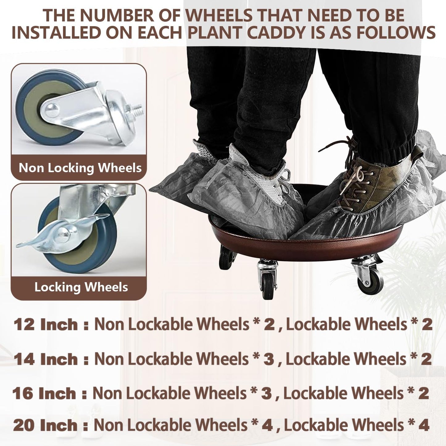 Heavy Duty Plant Caddy with Solid Rubber Wheels, Lockable, Increased Load Capacity, One-Minute Installation, Suitable for Indoor, Outdoor, Patio, Garden Settings, 14 Inches 3PACK, Brown