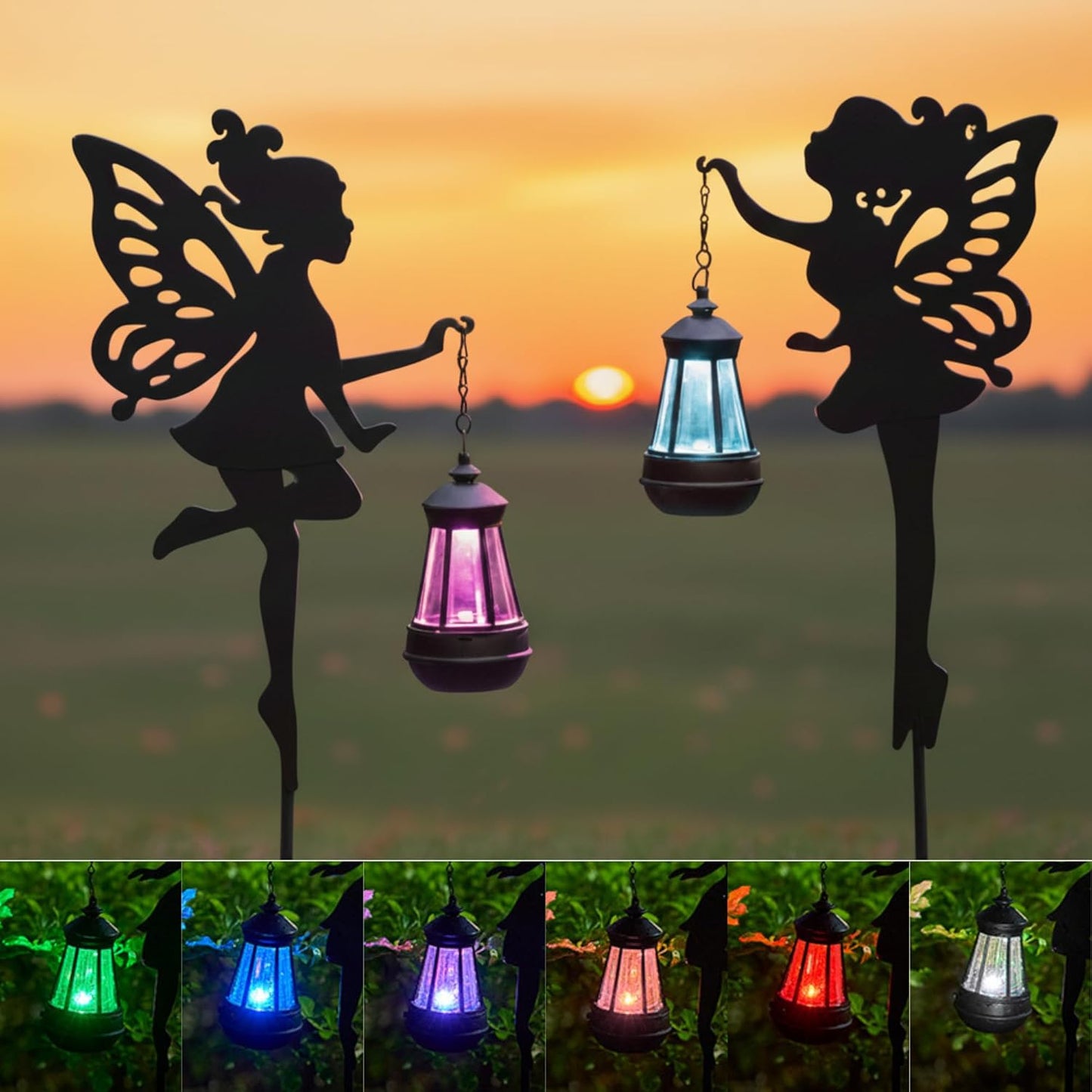 Fairy Garden Accessories Outdoor Lawn Ornaments 1 Pair - Solar Lights Halloween Decorations Garden Statue, Metal Stakes Decorative Figurines for Yard Decor, Patio (Type A Color-Shifting Lighting)