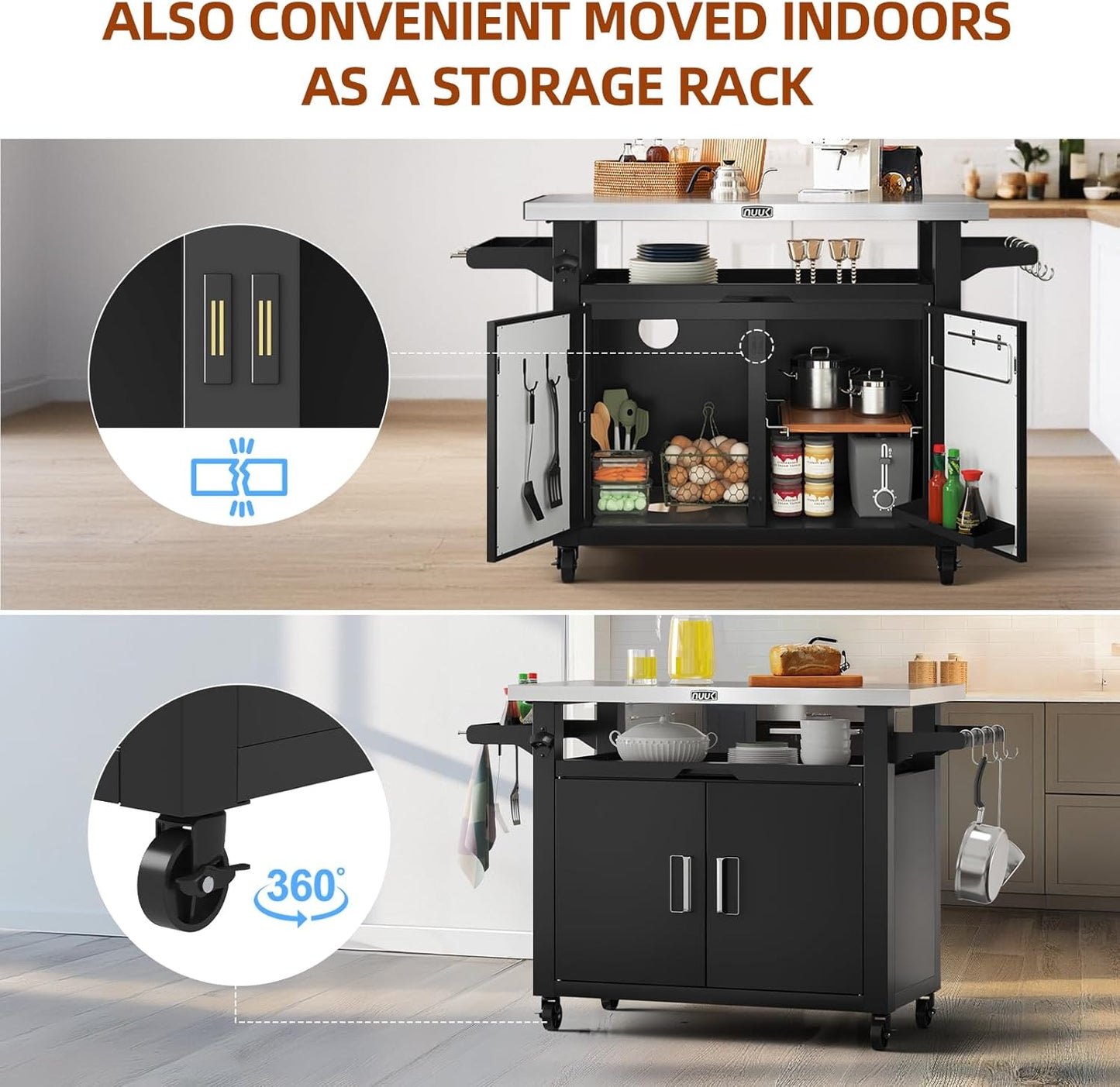 NUUK Outdoor Grill Cart with Storage Cabinet Metal Kitchen Island Prep Table with Movable Universal Wheels and Stainless Steel Top for Outside BBQ Backyard Include Hooks Spice Rack
