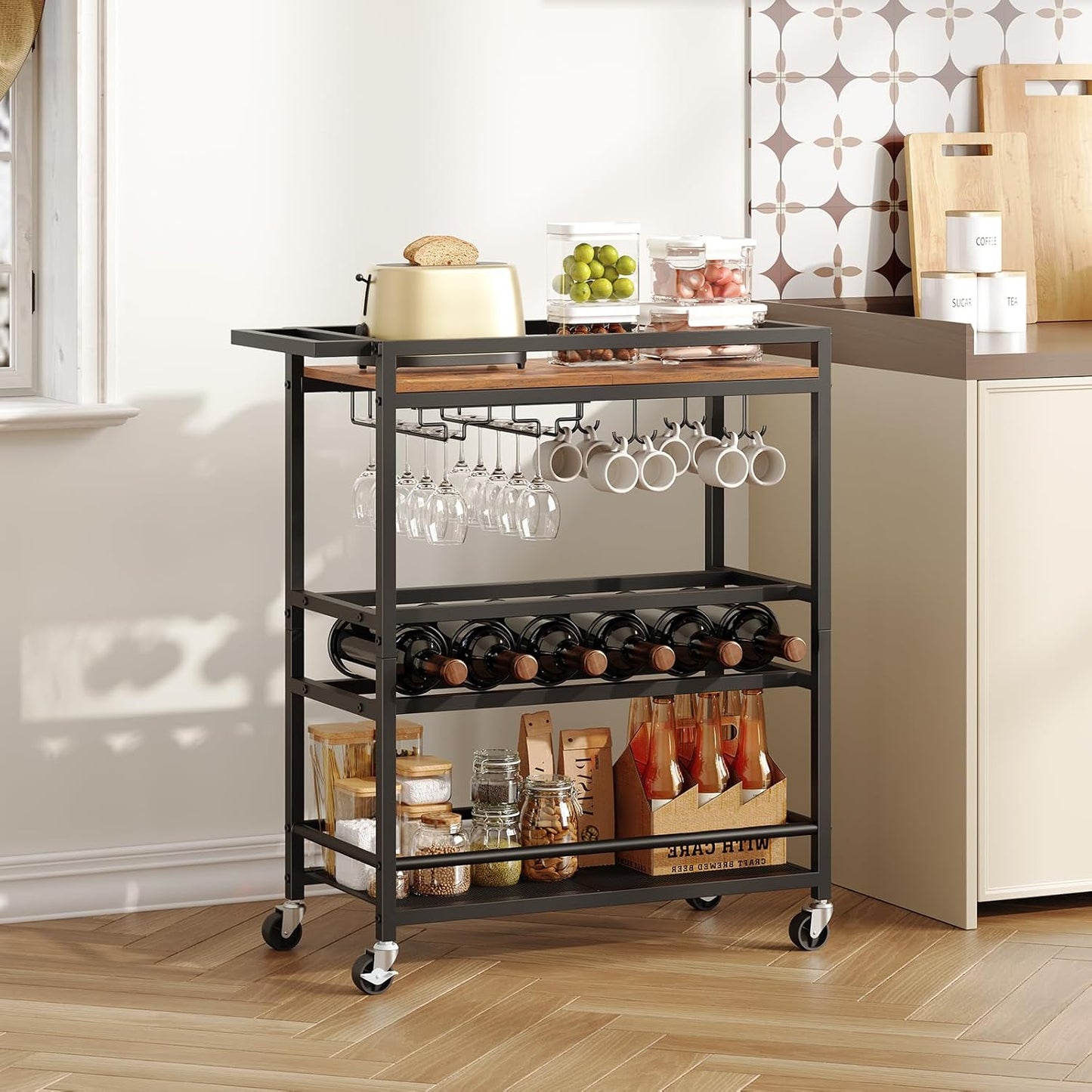 Bar Cart for Home, 3-Tier Serving Cart with Wine Rack, Rolling Wine Cart with Glass Holders, Beverage Cart, for Living Room, Dining Room, Rustic Brown and Black RCHR11801