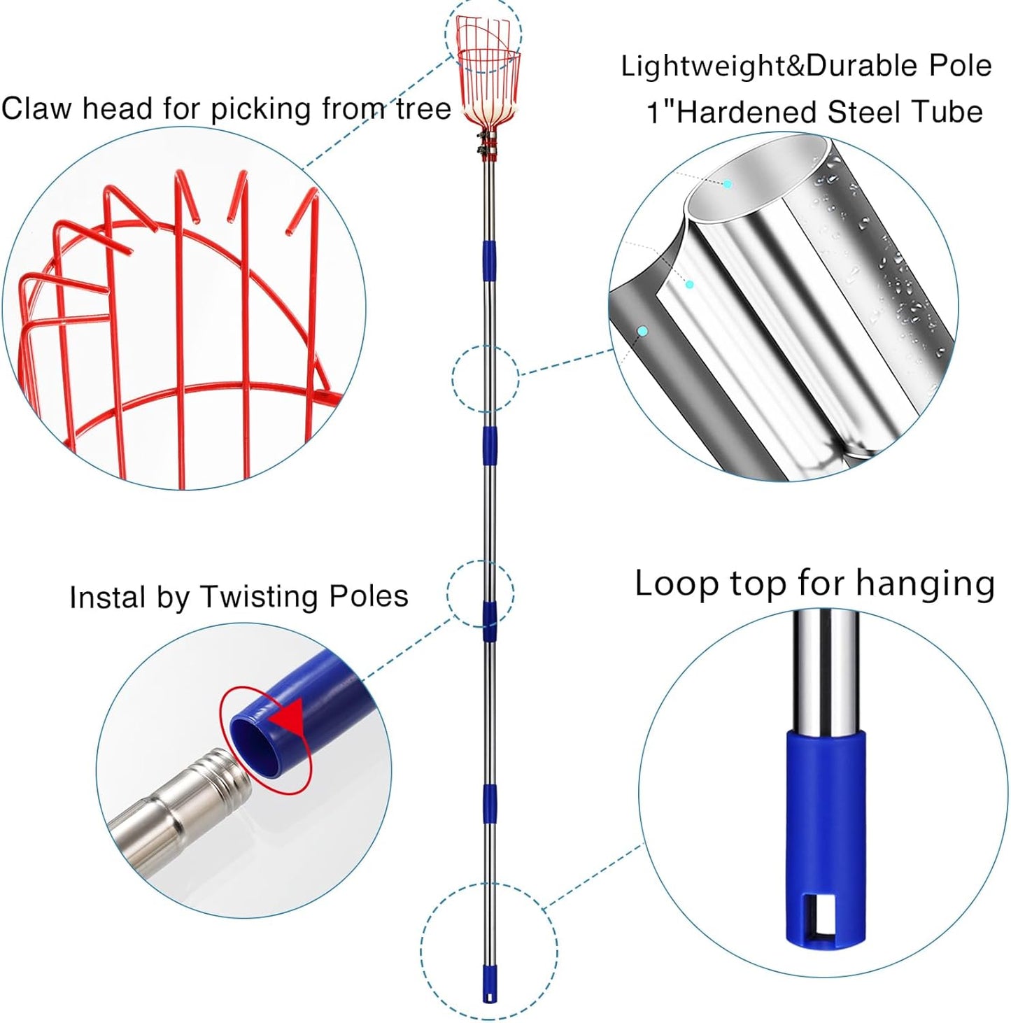 DonSail Fruit Picker Pole Tool with Basket Long Handle, 35-65 Inch Adjustable Apple Orange Picker Pole Tool with Basket for Avocado Acorn Lemon Pear Mango Tree Picker