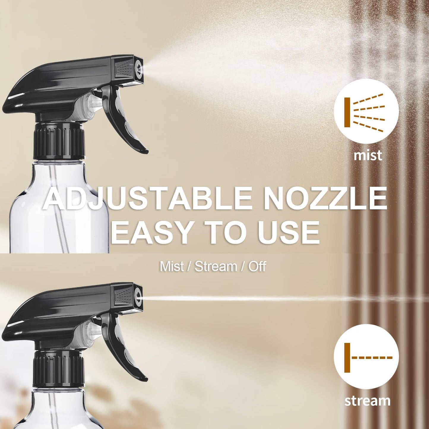 Spray Bottles 2-Pack, 10 Oz, Mist & Stream, Heavy Duty Spraying Empty Water Sprayer Bottle, BPA Free Plastic Refillable Containers for Cleaning Solutions, Plants, Hair, Essential Oils (Clear)