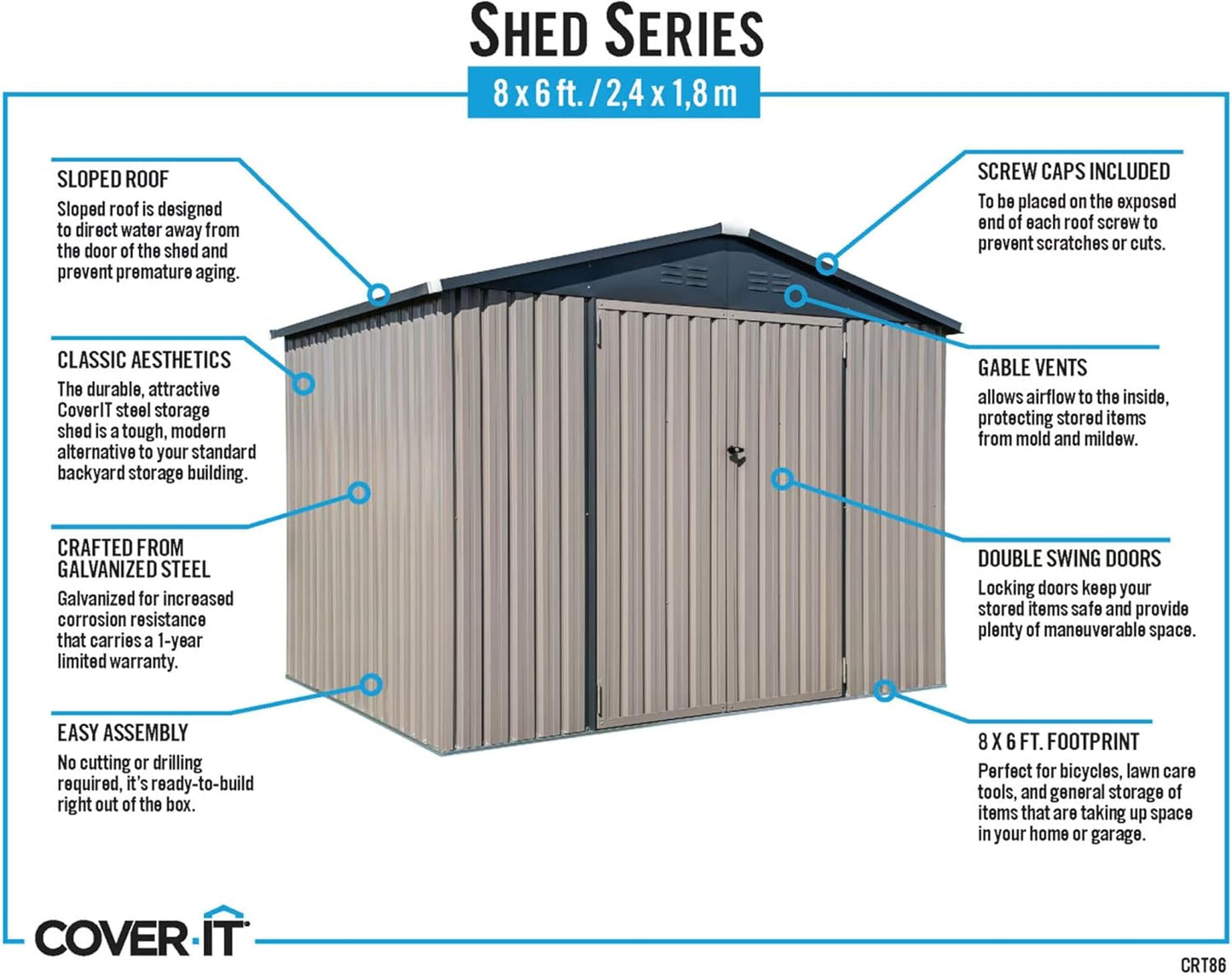 Metal Outdoor Galvanized Steel Storage Shed with Lockable Doors for Backyard or Patio Storage of Bikes, Grills, Supplies, Tools, Toys, for Lawn, Garden, and Camping, Tan (8x6)