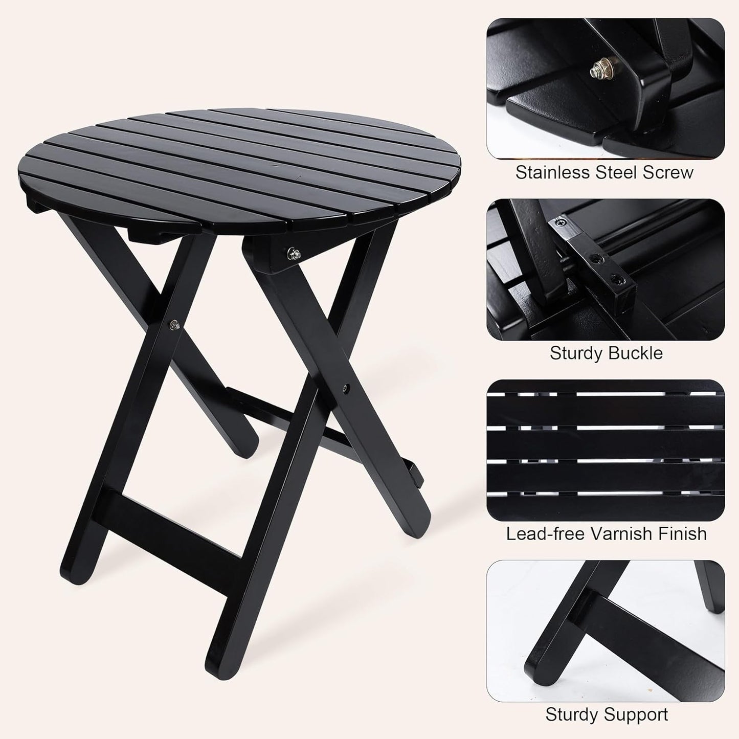 Outdoor Patio Side Table Round Small Wood End Table Folding Coffee Furniture for Living Room, Bedroom, Plant Stand, Camping Portable Black