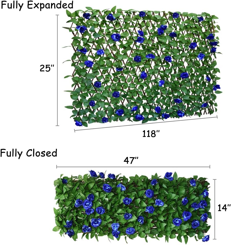 Expandable Fence Privacy Screen for Balcony Patio Outdoor,Decorative Faux Ivy Fencing Panel,Artificial Hedges (Single Sided Leaves) (4, Blue Flowers)