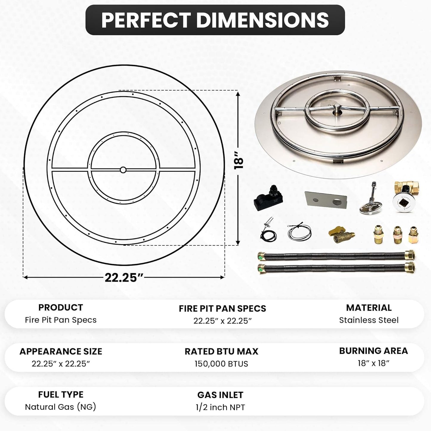 Stainless Steel Fire Pit Burner Pan & Ring Deluxe Kit for Natural Gas, 22-Inch Pan, 18-Inch Ring, 150,000 BTU Max